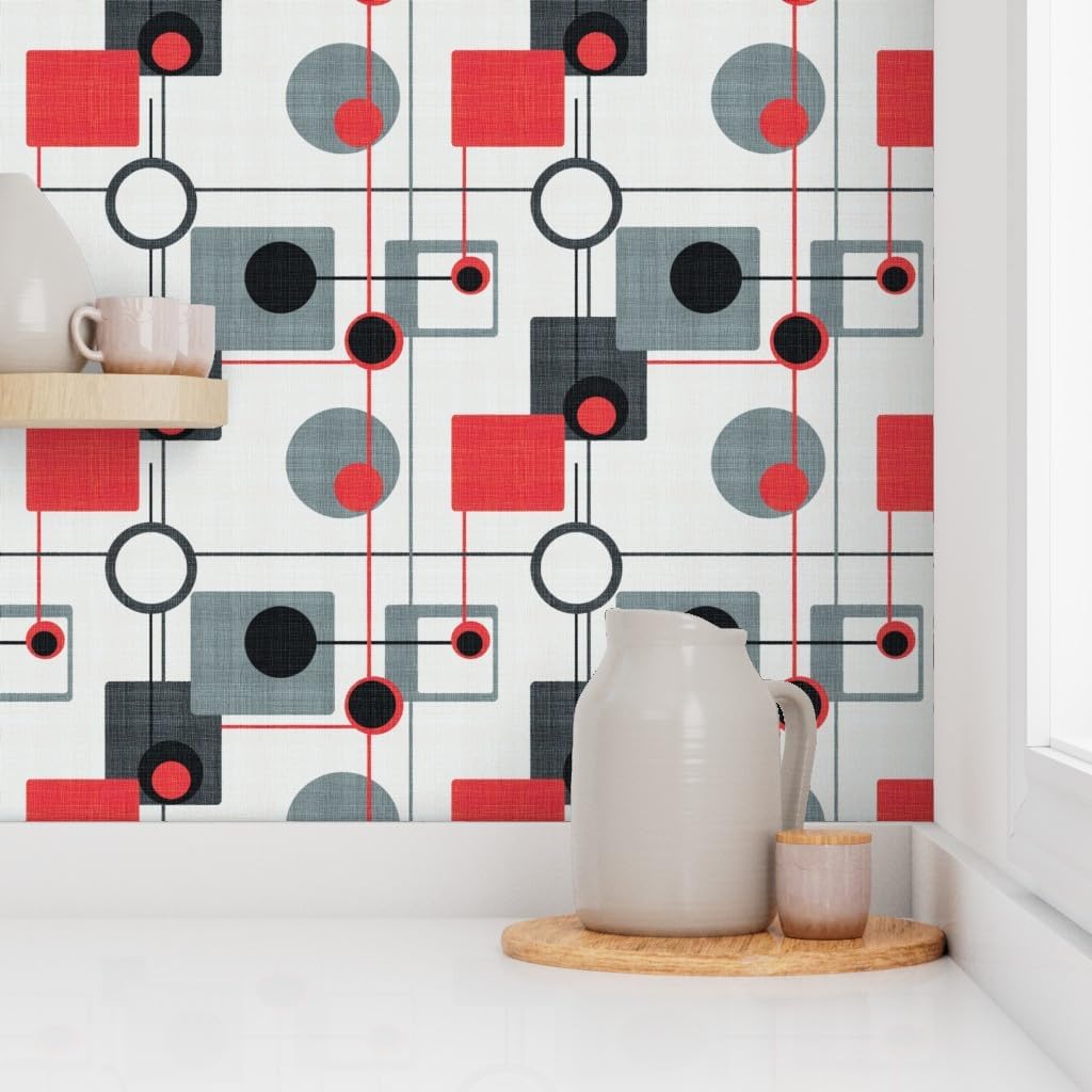 Peel & Stick Wallpaper Swatch - Orbs Squares Red Black White Vintage Retro Grey Modern Custom Removable Wallpaper by Spoonflower