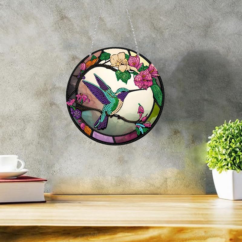 Miniatura 2 de LUSandy Kit de pintura de diamante de colibrí con flores 5D para bricolaje, letrero de arte de pared, pájaro, diamante, atrapasoles, ventana,