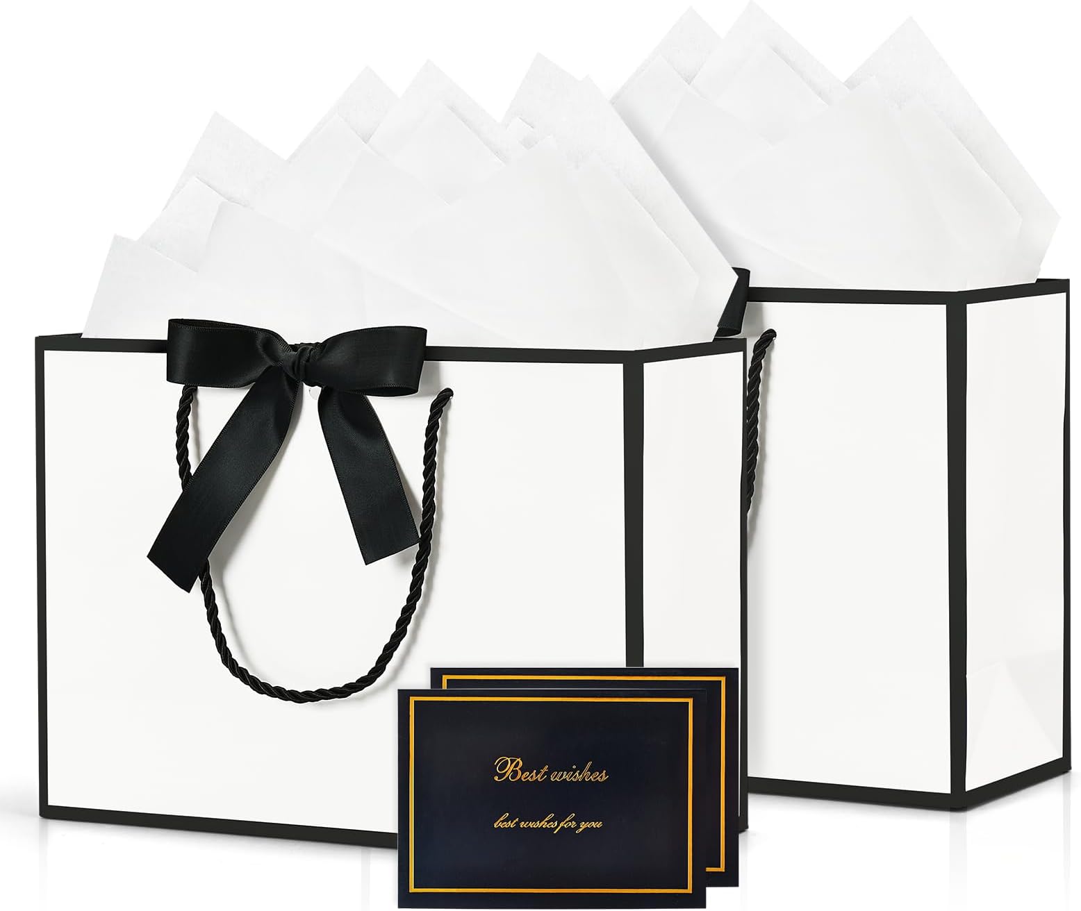 BBLIKE Medium Gift Bags for Present - 2 Pcs Birthday Gift Bag with 4 Wrappers and 2 Cards, Luxury Paper Bags with Handles for Girls Boys Wedding Party Christmas Valentines Bridesmaid (White Black)