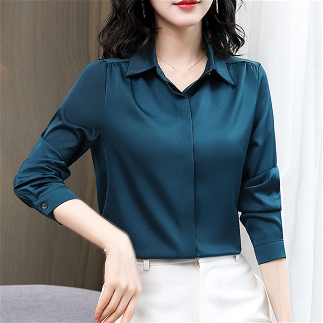Manches Longues col en V boutonné Femmes Chemise décontracté Ample Couleur Unie Satin Blouses Soie Chemise Blanche Orange M