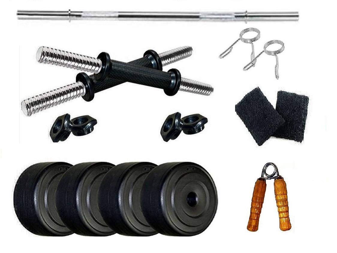 Spanco Home Gym 42 Kg P.V.C Weight Plates (5 Kg X 4 = 20 Kg + 3 Kg X 4 = 12 Kg + 2.5 Kg X 4 = 10 Kg), Straight Rod, Dumbbell Rods & 2 Accessories for Fitness, Weight Lifting