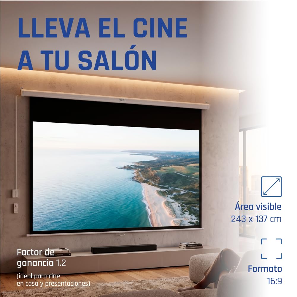 Iggual Pantalla Proyección 110" Pulgadas Eléctrica Enrollable -Panorámica 16:9 -Caída Ajustable -Mando Distancia e Interruptor Aux- Apto Pared/Techo -Compatible 4k y Cualquier Proyector (243x137 cm)