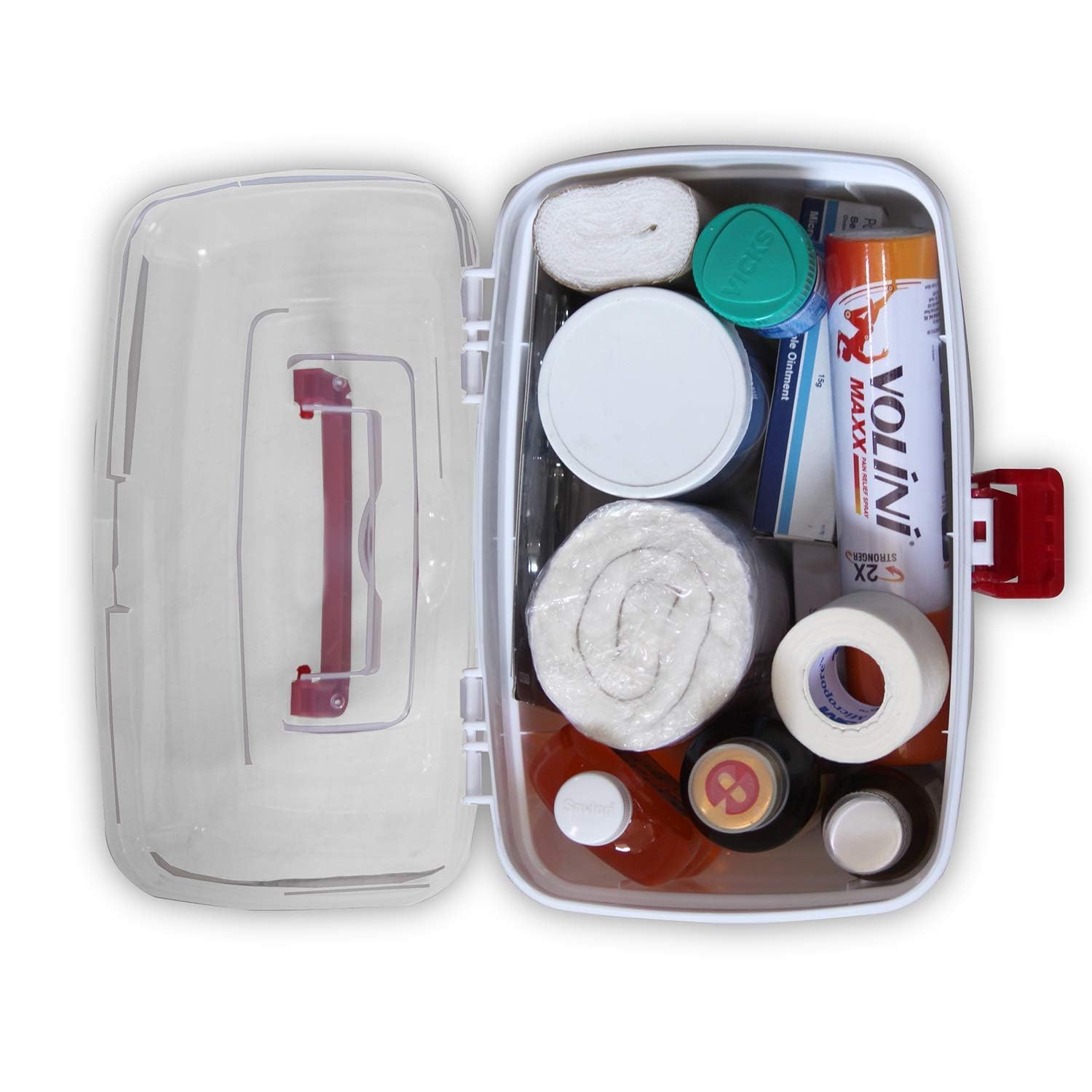 Clintick Portable Double Layers Medicine Cabinet First Aid Kit Medical Box Household Plastic Pill Storage Box with Detachable Tray and Handle (White & Red, Rectangular) 2