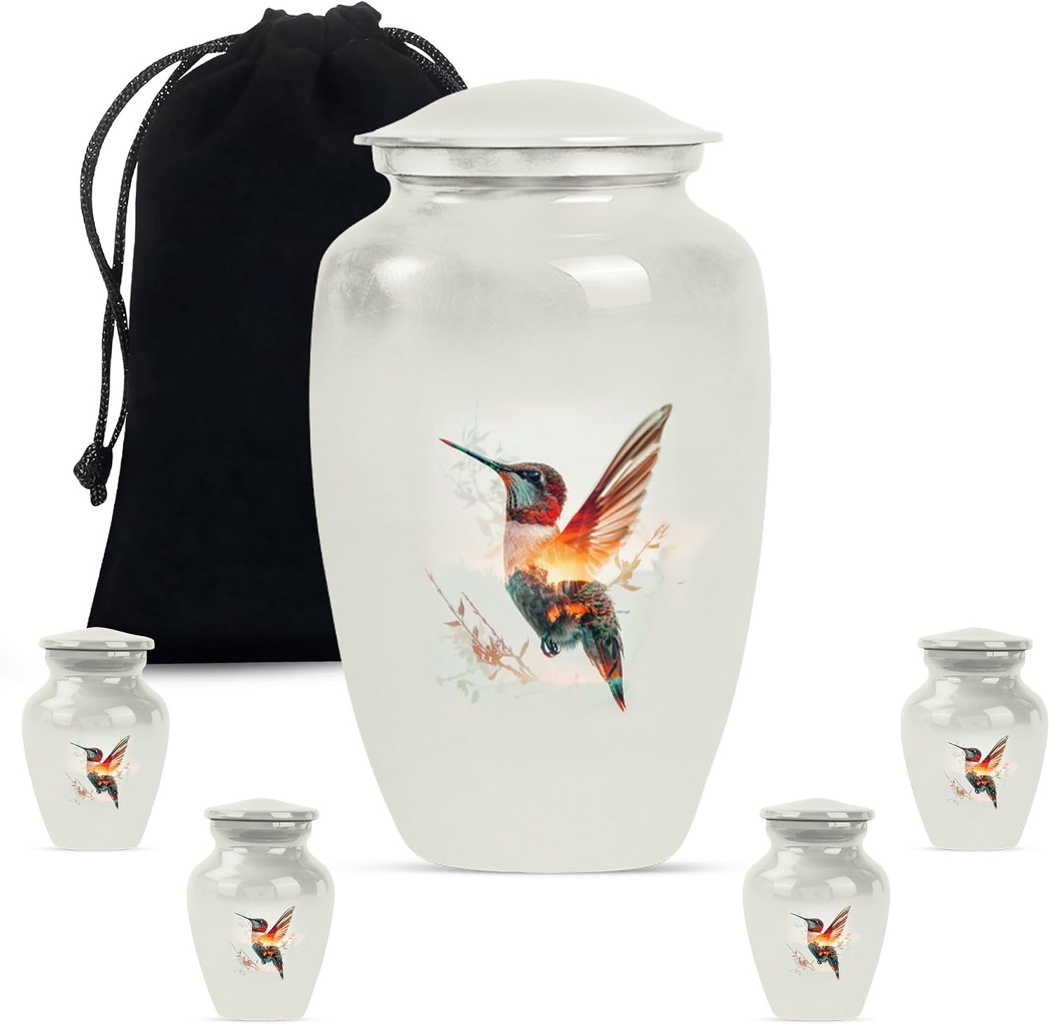Humming Bird Decorative Urn, Pack of 5 (10 Inch Urn with 3 Inch Urn, Set of 4), Silver Urn for Ashes, Cremation Urns, Urn for Ashes Adult Women, Urns for Human Ashes Adult Man