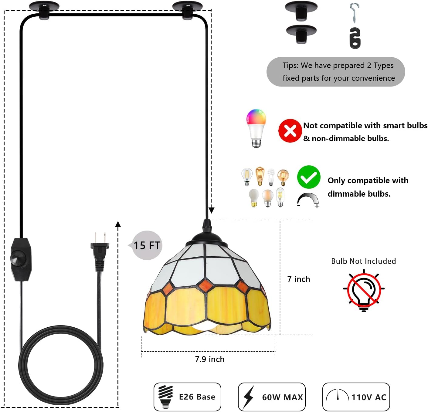 HuisMier Tiffany Plug in Pendant Light, Dimmable Mini Hanging Light with Plug in Cord and On Off Dimmer Switch, 15 Ft Vintage Stained Glass Swag Lamp for Dining Room Restaurant Bedroom, 7.9" Width