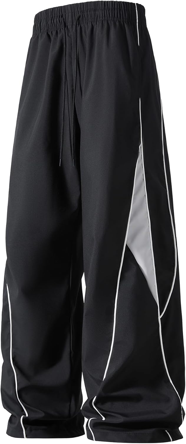 Men's Sporty Track Pants, Contrast Arc Panel Design, Relaxed Fit Joggers with Elastic Waist, Black
