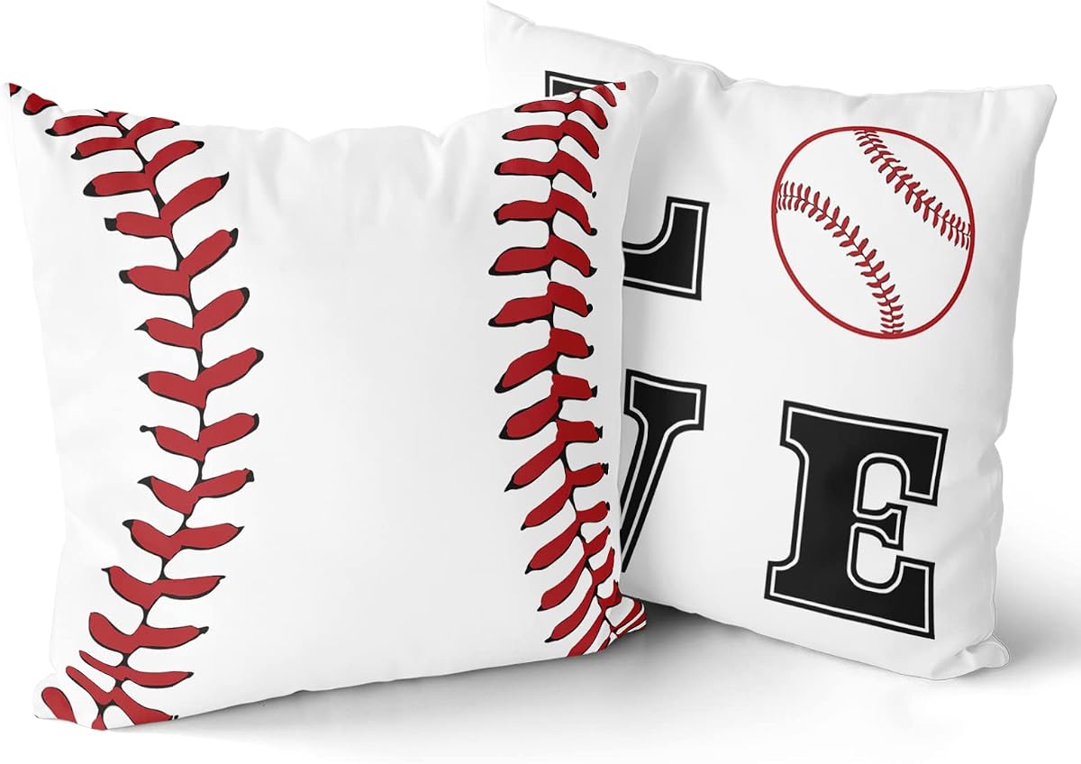 Funda de almohada de béisbol – Juego de 2 fundas de cojín decorativas con temática deportiva de pelota, regalos para niños, hombres, sala de estar, sofá, oficina, decoración de habitación de béisbol, 18.0 x 18.0 in
