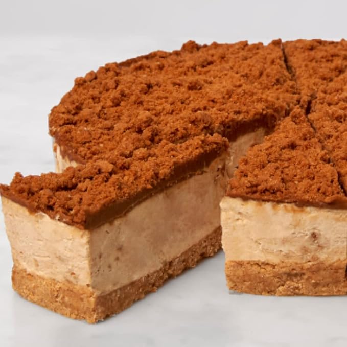 English Cheesecake Company 2kg Vanilla Cheesecake generously topped with Lotus Biscoff spread and crumb, delivered frozen.