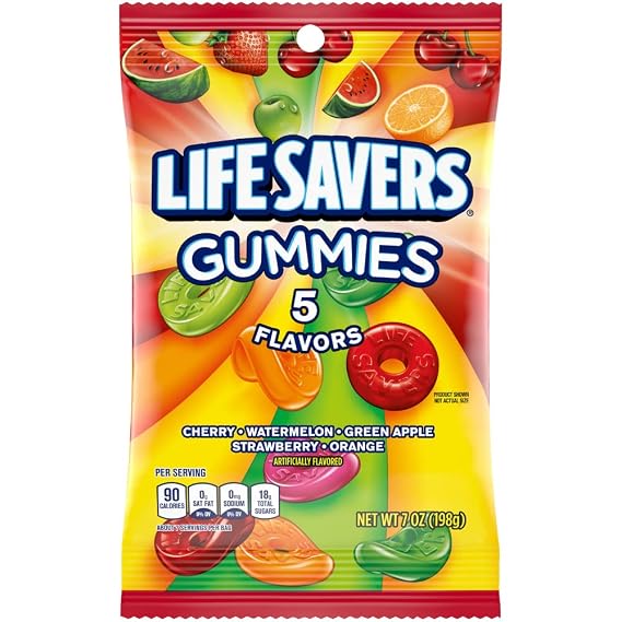 LIFE SAVERS 5 Flavors Gummy Candy Snacks Bulk, 7 oz Bag, Pack of 12 | Sweet treat gummies, LifeSavers gummy candy bag, 5 Flavors fruity soft chewy candy for road trips, parties, game night