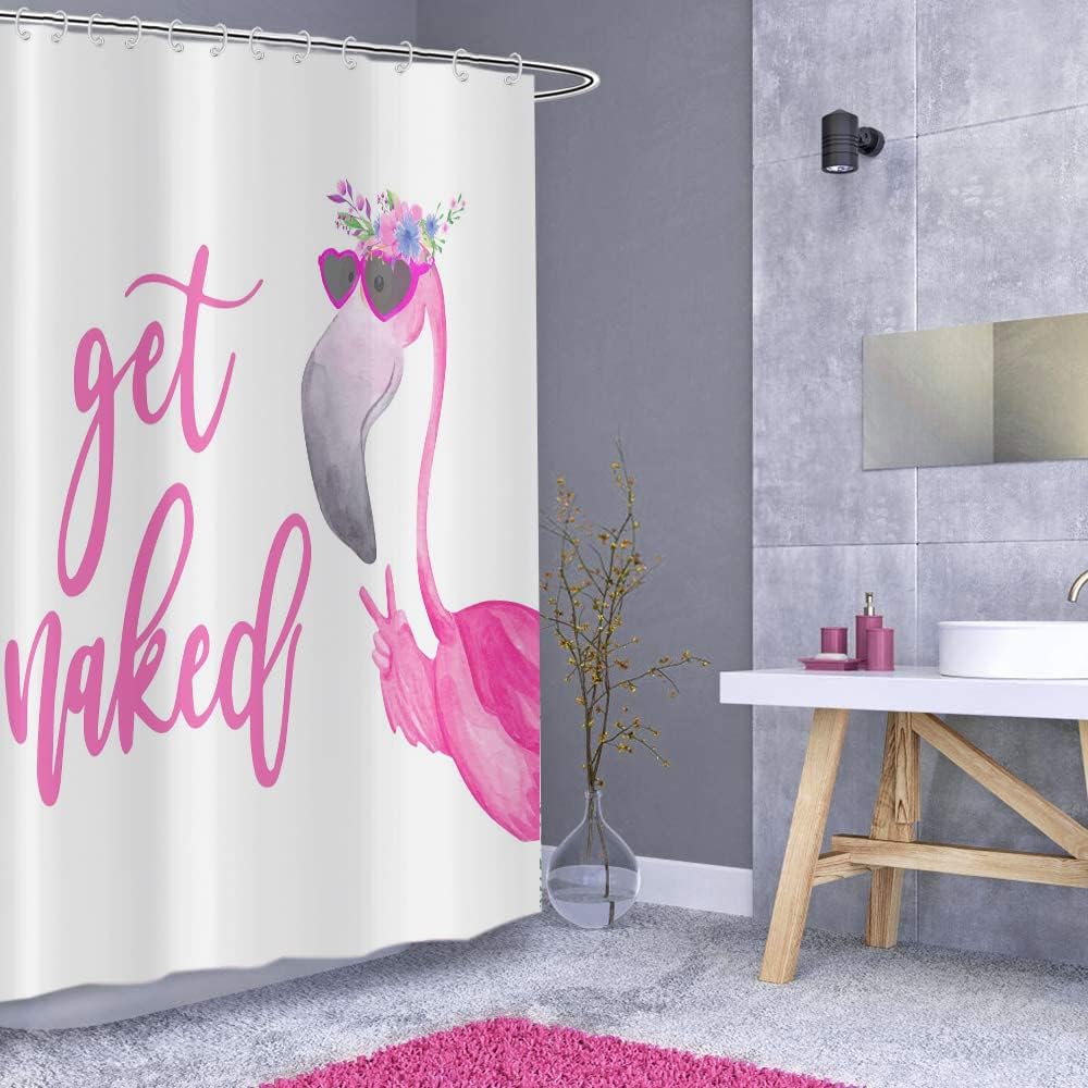 Pink Flamingo Shower Curtain, Funny Hot Pink Flamingos Girl's Cute Bathroom Curtain for Bathtub Home Decor Waterproof Fabric Machine Washable with 12 Hooks,72"x84"