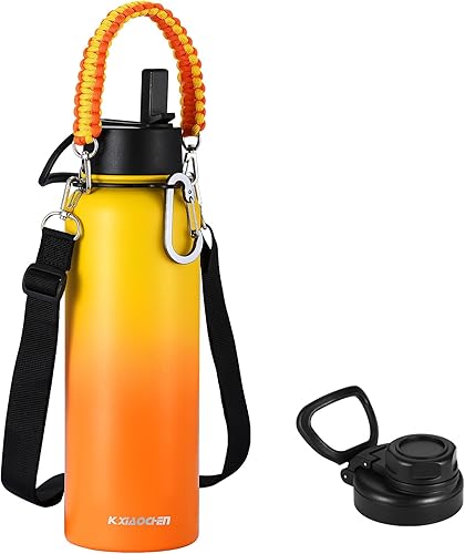 Miniatura 11 de KXIAOCHEN Botella de agua aislada, botella de agua de acero inoxidable, 2 tapas (con pajilla y tapa con asa), botellas de agua metálicas de boca