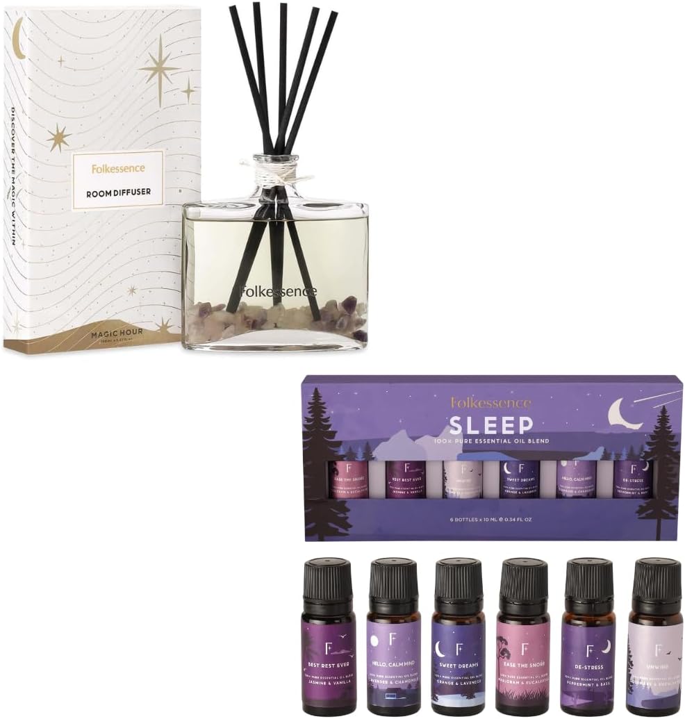 Folkulture Sleep Essential Oils Set | Set of 6 Pure Essential Oils for Diffusers for Home | Reed Diffuser Home Decor | Scents with 5 Reed Sticks for Gifting