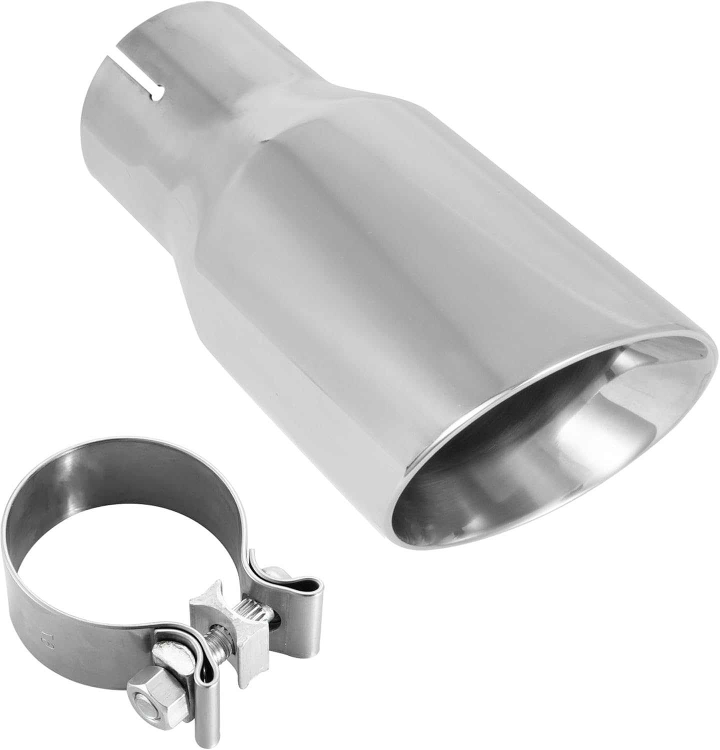 304 Stainless Steel Car Exhaust Tip, 2.5" Inlet, 4" Outlet, 9" Overall Length, Polished Dual-Layer Slant Cut Design, Clamp-On for 2.5-Inch Outside Diameter Tailpipe