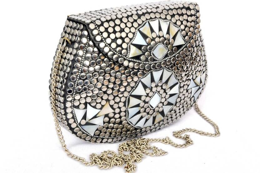 Image of Shakuntala Vintage Clutch - Metal Mosaic Stone & Shell Design Purse - Handmade Women's Handbag