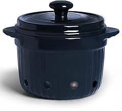 Garlic Keeper with Lid, Ceramic Garlic Saver Container for Countertop, Kitchen Decor (Navy)