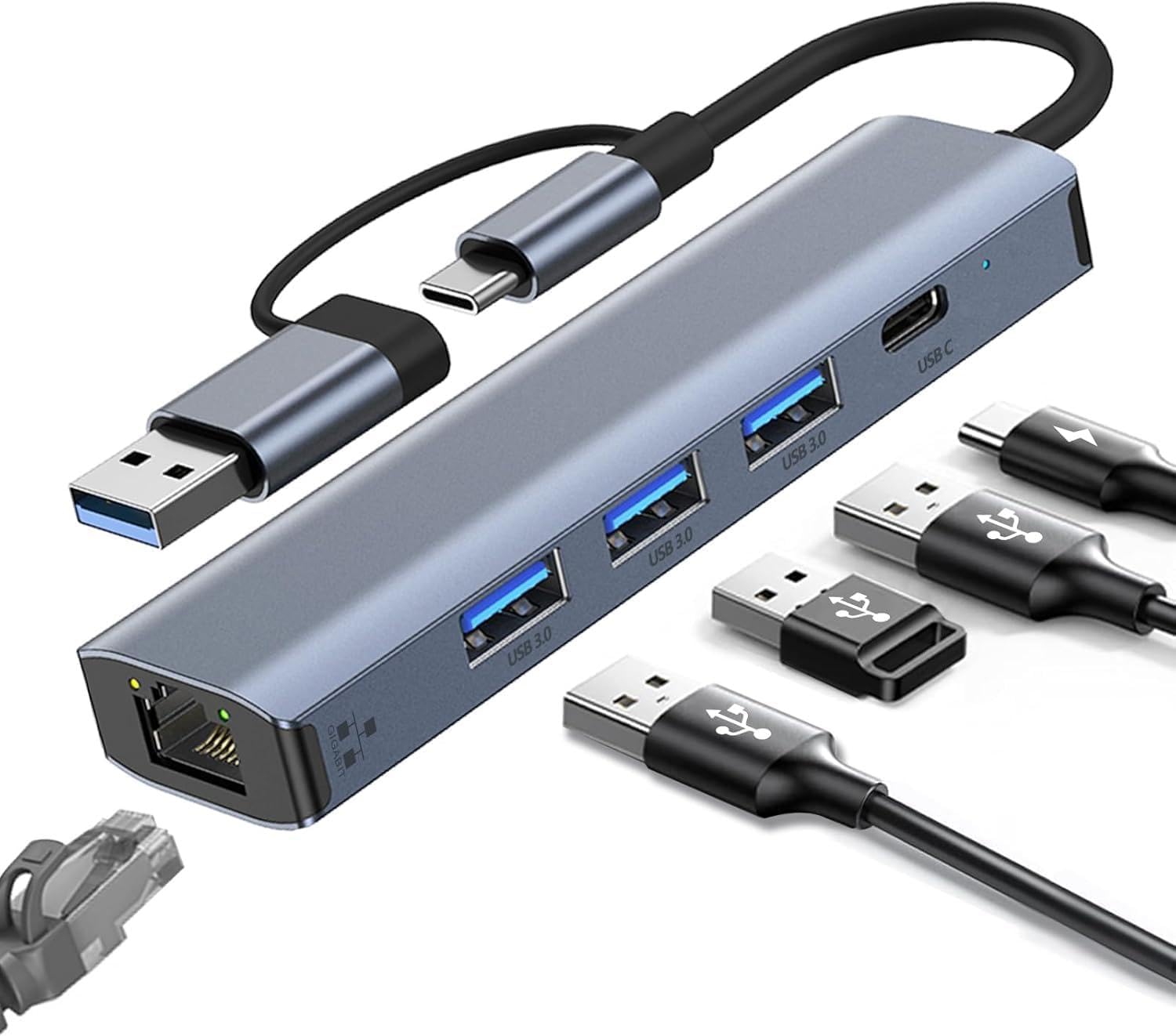 Adattatore USB Ethernet, Adattatore USB-C a Ethernet RJ45 Gigabit 1000Mbps,Hub ethernet LAN con 3 Porte usb 3.0 e 1 Porte tipo C per i-Phone 15/16/iPad/Windows XP/Chromebook/MAC/Linux