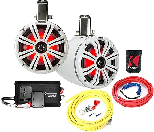 KICKER Paquete de altavoces y amplificador de 8 pulgadas Wakeboard Altavoces de torre (blanco) con amplificador marino DS18 de 320 W de 2 canales y