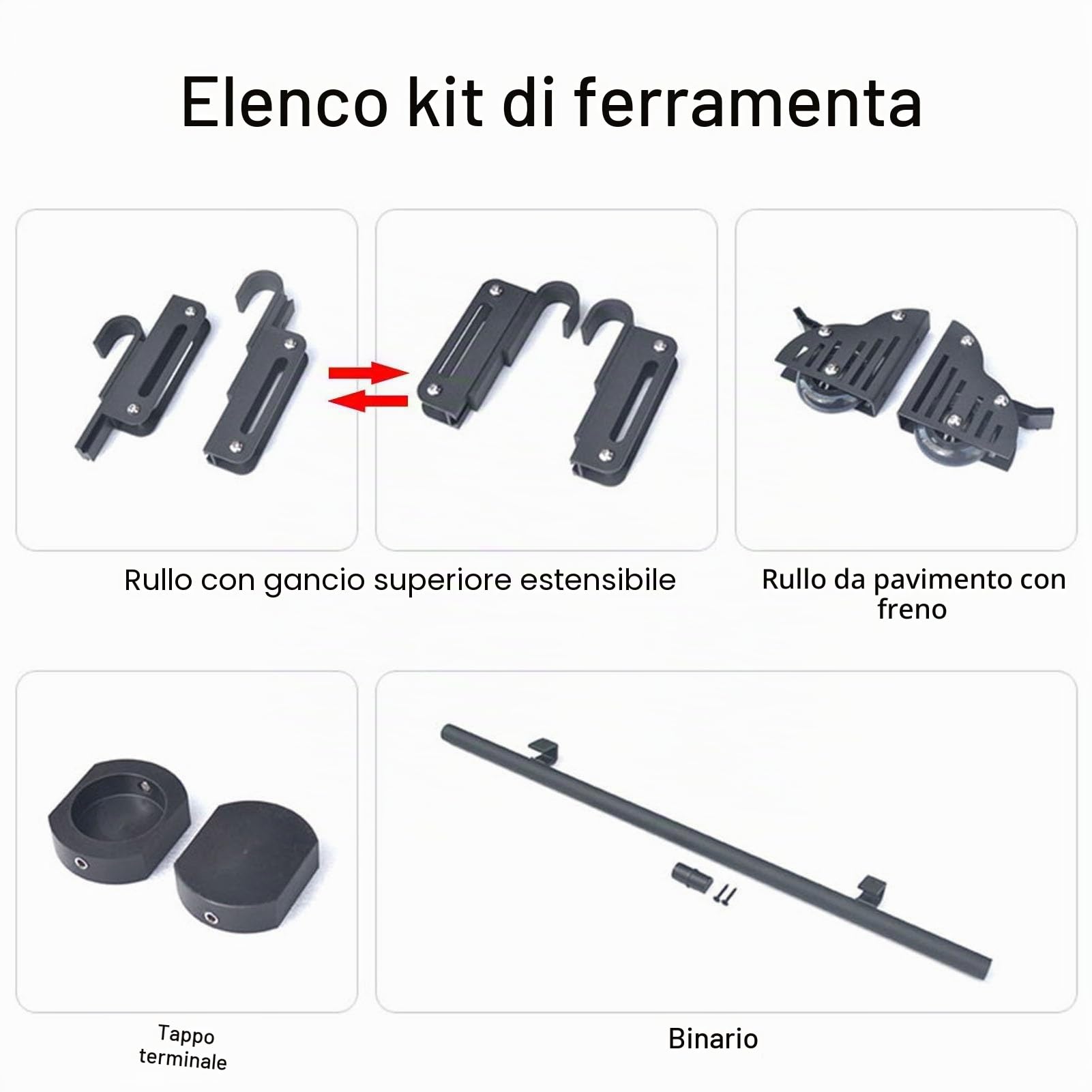 Kit ferramenta Scorrevole per Scala da Biblioteca (Senza Scala), Kit Binario Completo per Scala, Rullo per Gancio Superiore telescopico per Scale da soppalco Libreria