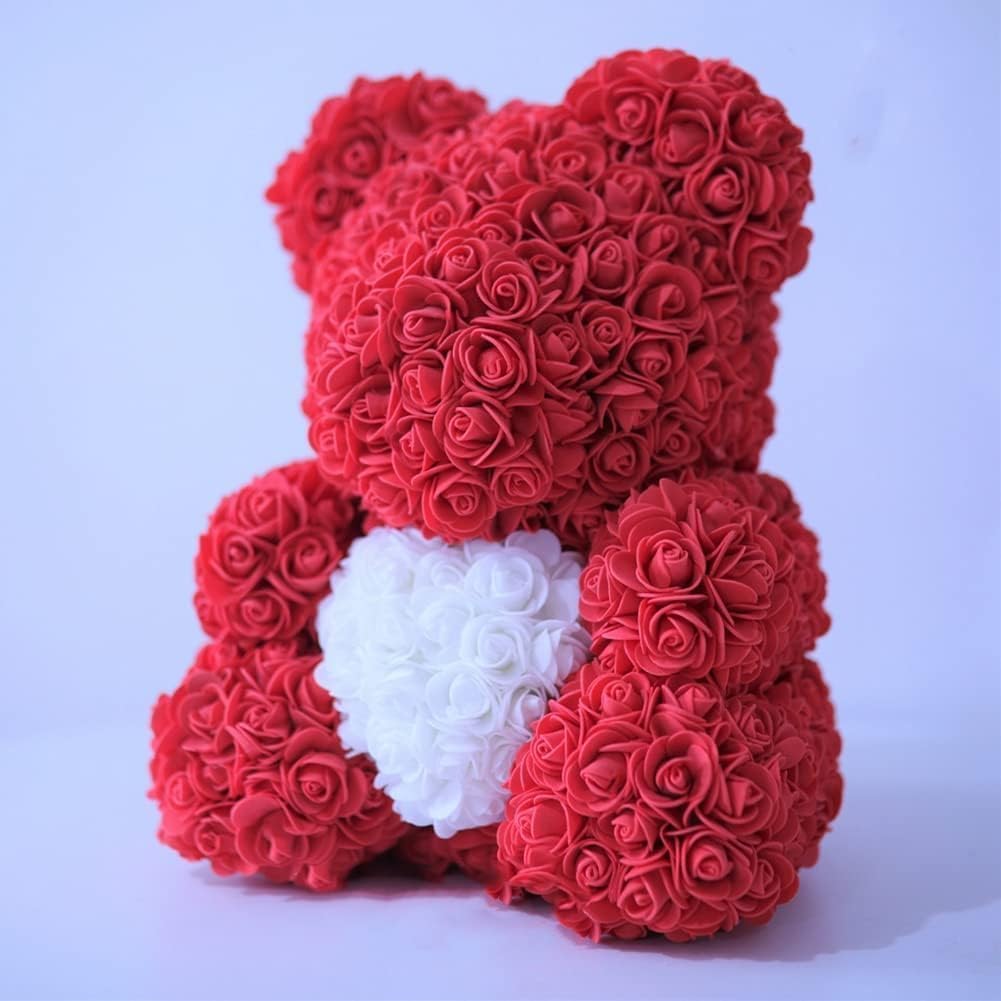 Orso di Rose con cuore rosso 40cm, fatto con Rose, già confezionato regalo per San Valentino, orsetto per fidanzata, Amica, orsacchiotto, teddy bear in Italia (ROSSO CUORE BIANCO, 40cm)