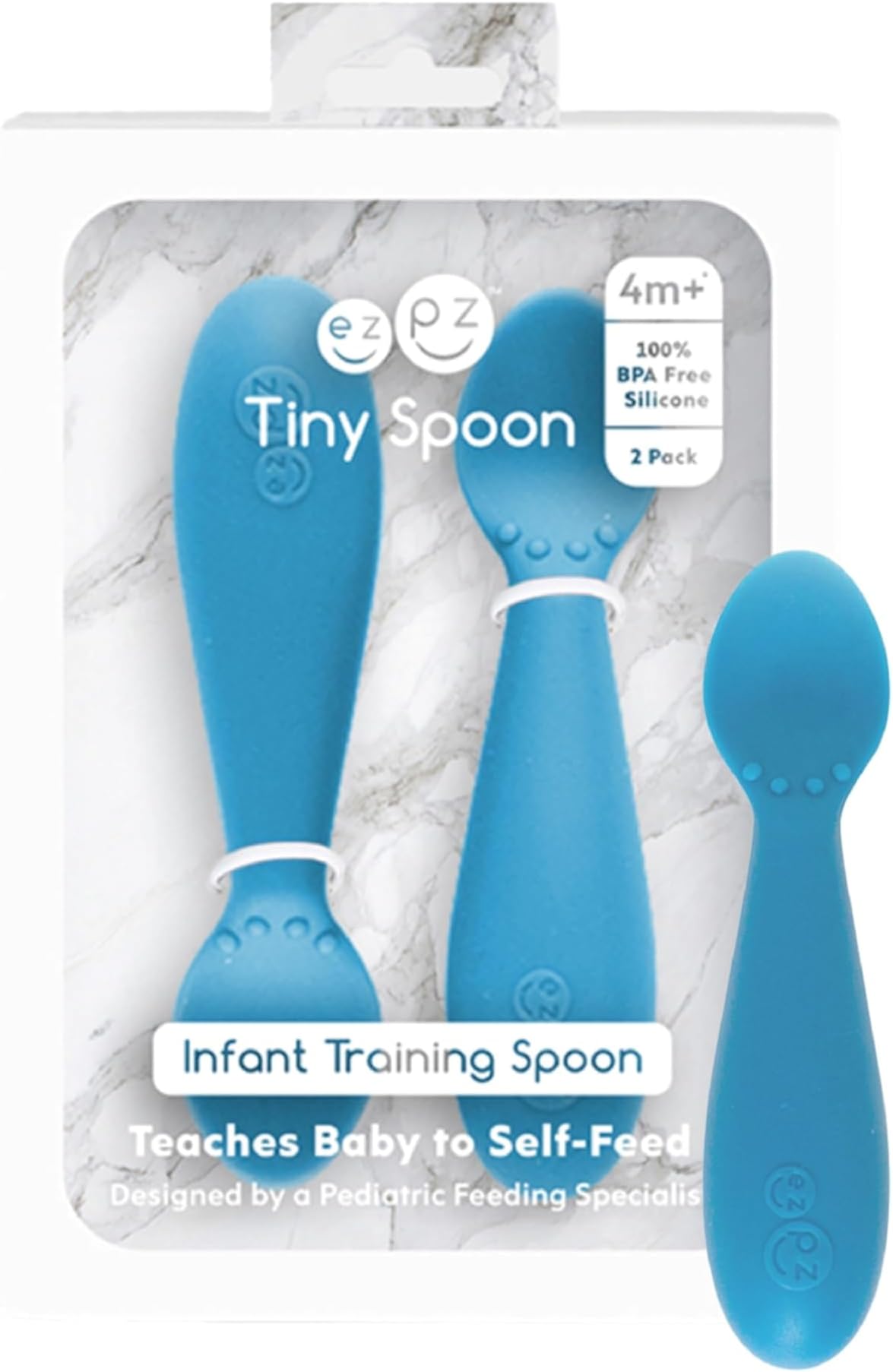 ezpz Mini Utensils - 12 Months+ (Fork & Spoon in Blue) - 100% BPA Free Fork and Spoon - Toddler Utensils - Designed by a Pediatric Feeding Specialist