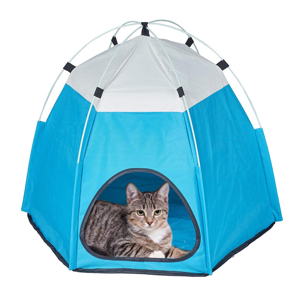 XhuangTechPet Tent Cave Bed for Cats/Small Dogs, Soft Fabric Portable Foldable Pop Up Cat Tent/Kitten Bed House/Cat Hut Indoor Outdoor Pet Beds (Blue)