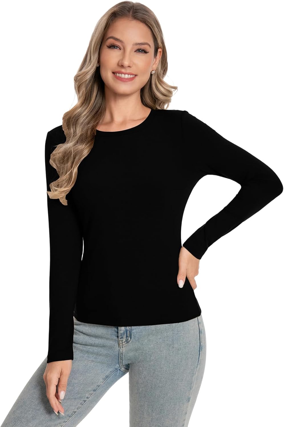 Long Sleeve Shirts for Women Ribbded Crew Neck Basic Tops Slim Fitted Fall Clothes - Image 2