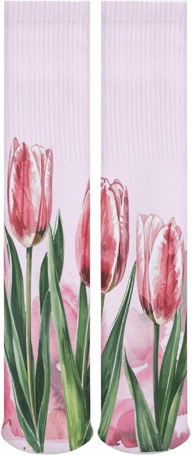 5 Pairs Knee High Socks Clipart Style Tulips Long Tube Boot Seamless Toe