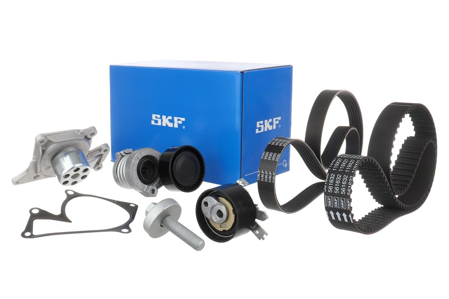 SKF Wasserpumpe und Zahnriemen/Keilrippenriemen mit Dichtungen/Dichtungen VKMC 16003 – Set – Höhe 171 mm Länge 271 mm Breite 142 mm – OE-Qualität