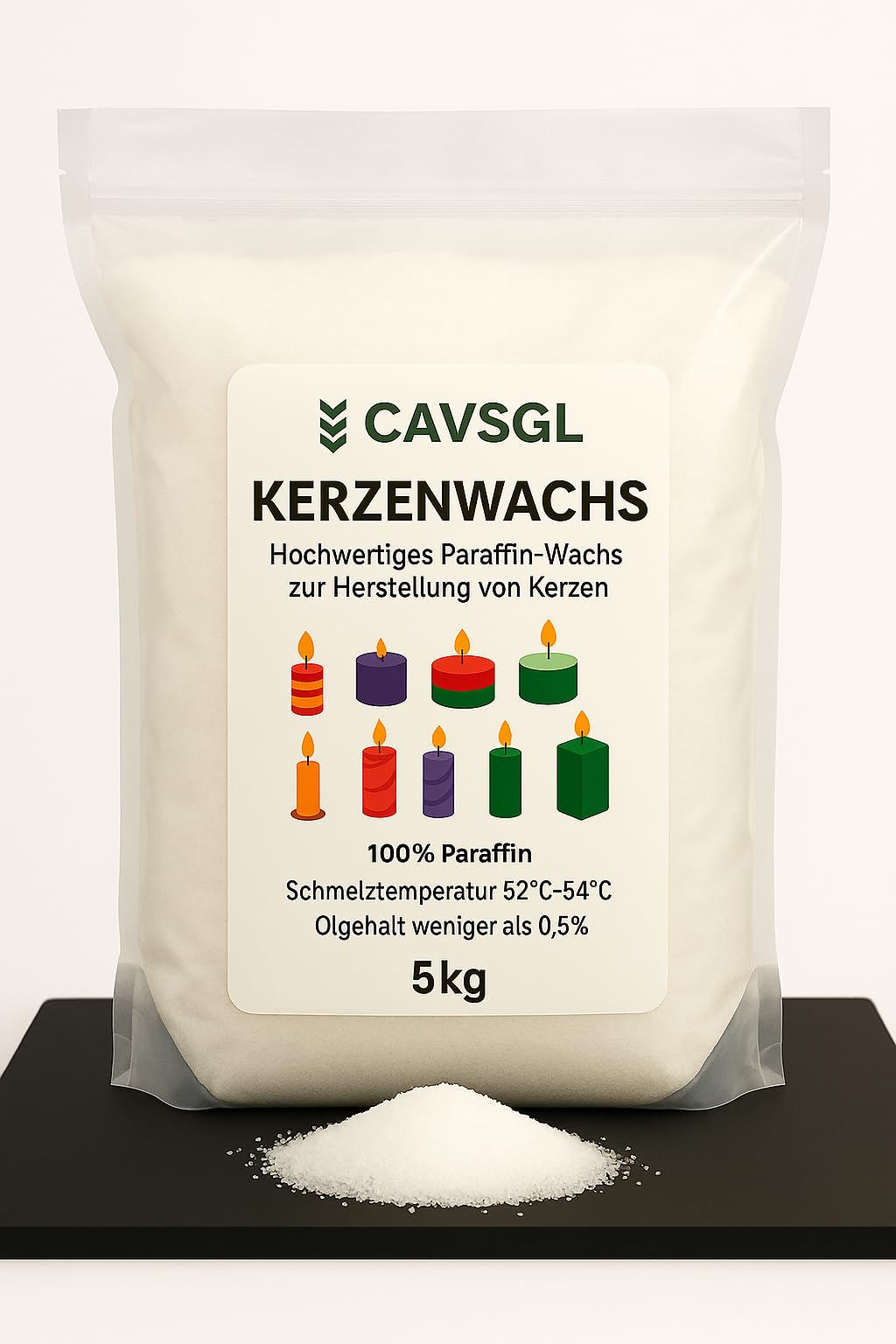 Kerzenwachs Granulat - 5 Kg - Weiß - in Pulverform zur Herstellung von Kerzen - Paraffin Wachsgranulat Hochrein - Made in Germany - CAVSGL