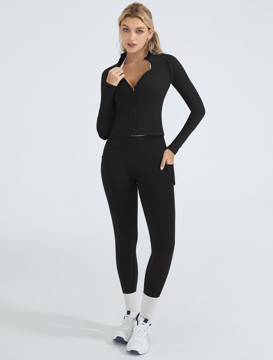OMKAGI Workout Sets for Women Booty Leggings Matching Zipup Jacket Gym Outfits with Pockets - Image 6
