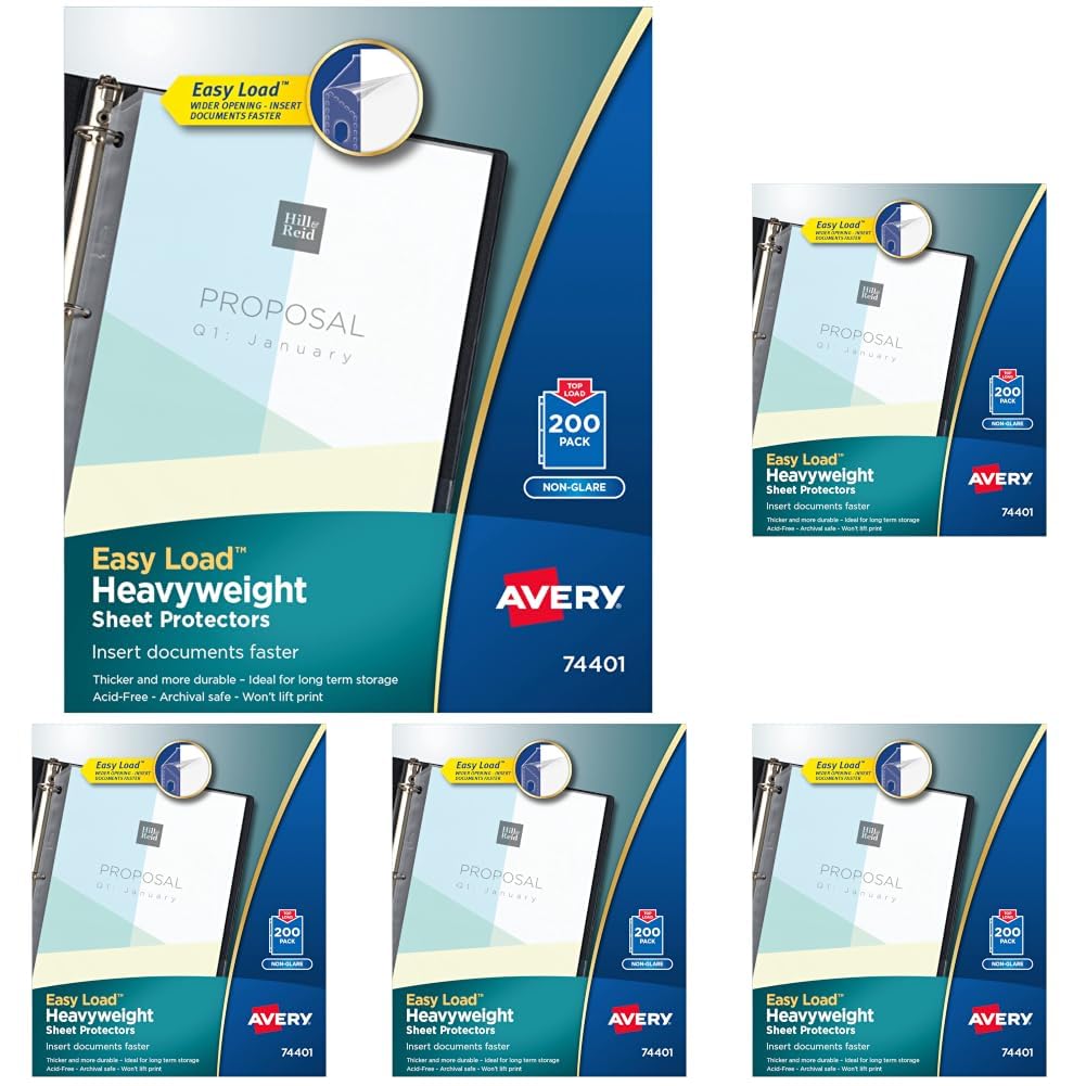 Avery Clear Heavyweight Sheet Protectors, Non-Glare, Easy Load, 200 Document Protectors (74401), 11 X 8 1/2 (Pack of 5)