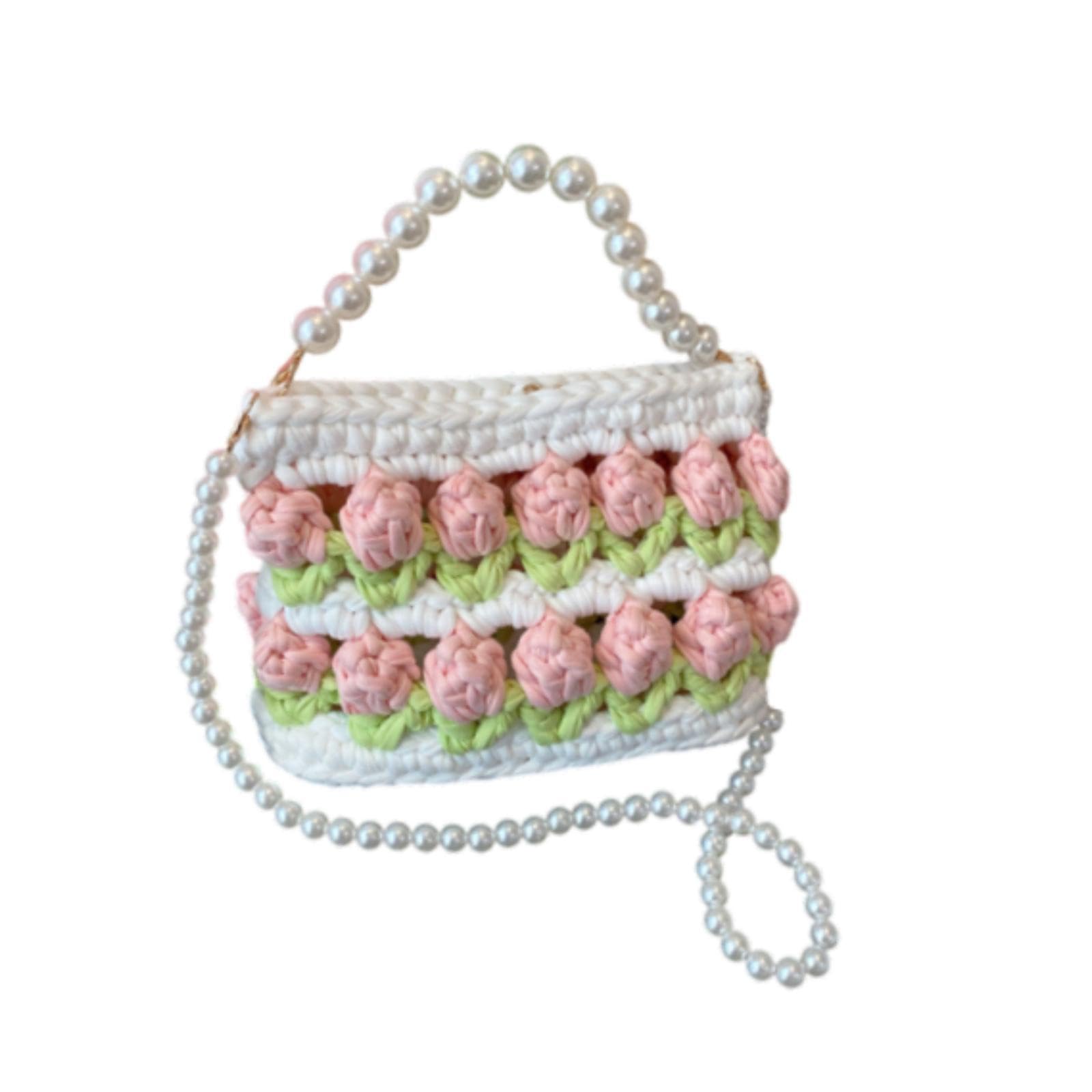 UGPLM DIY Knitting Crochet Bag Kit Flower Handmade Woven Handbag Girls Adults 7.09x2.76x5.12 Women Shoulder Bag Making Material Set, White Green Pink