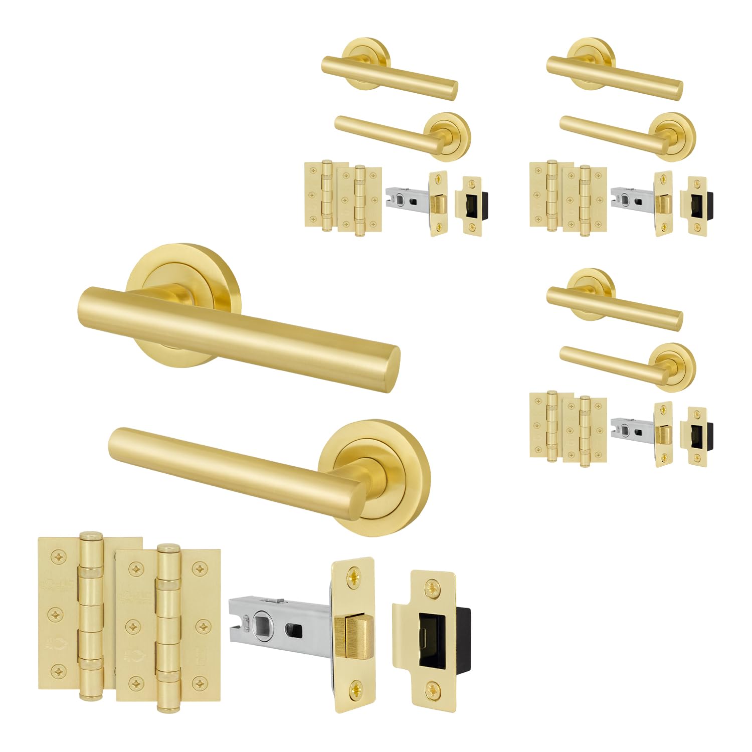 EAI Satin Brass Door Handle Latch Set, 4 Pairs Internal T-Bar Lever on Rose Handles, Latch (64mm) Hinges (76mm) - Oliena