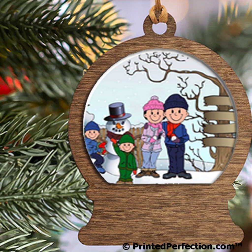 PrintedPerfection.com Personalized Snowman Family - 2 Boys Wooden Snow Globe Shaped Christmas Ornament