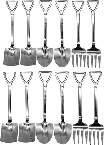 Juego de 12 cucharas y tenedores de pala 18/10 (304) de acero inoxidable con forma de pala, juego de cubiertos de 6.1 pulgadas, mini cuchara para