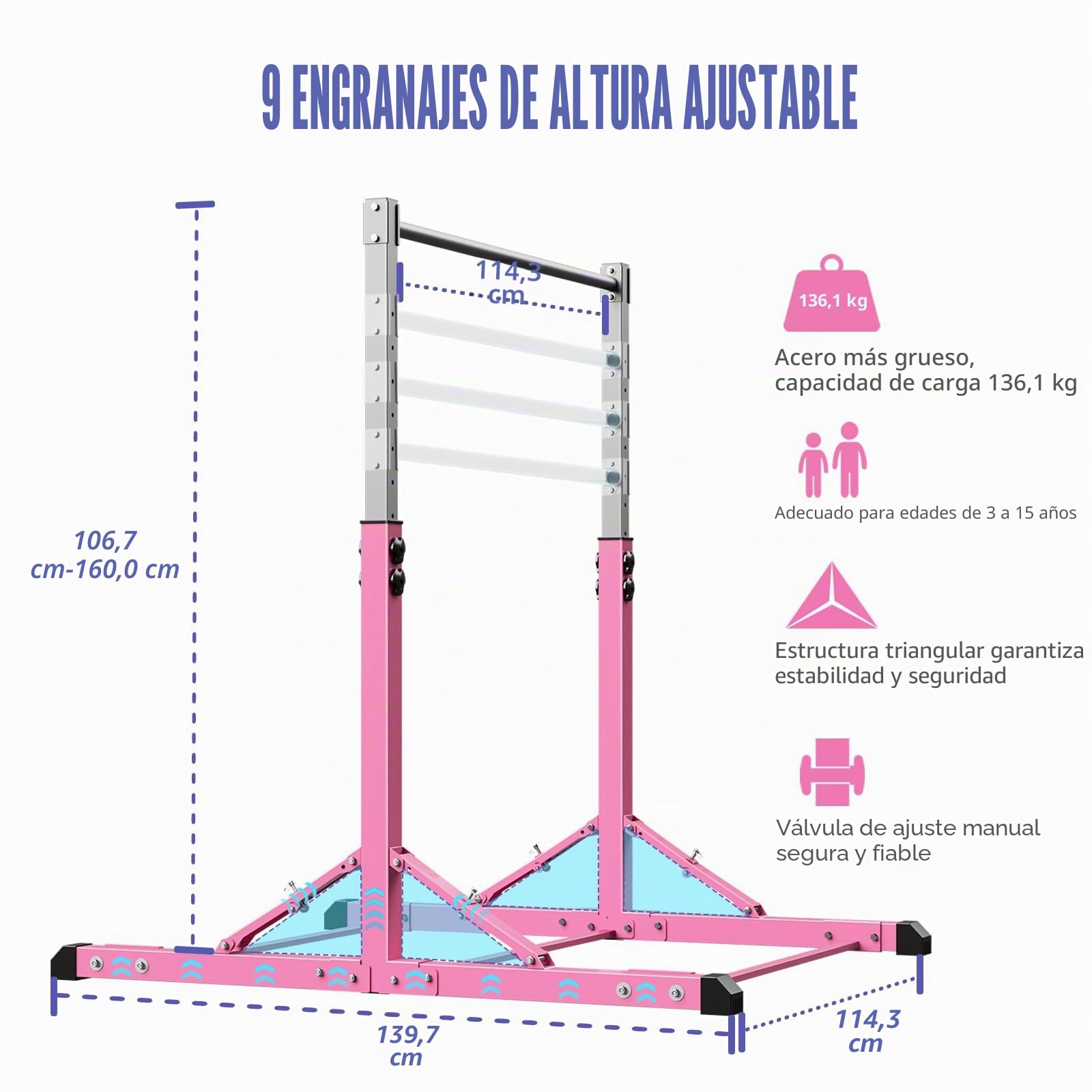Barra de Gimnasia, Barra de Gimnasia Plegable para niños, Barras de Entrenamiento de Gimnasia en casa, Altura Ajustable, construcción de Acero Estable, Antideslizante, fácil de Montar