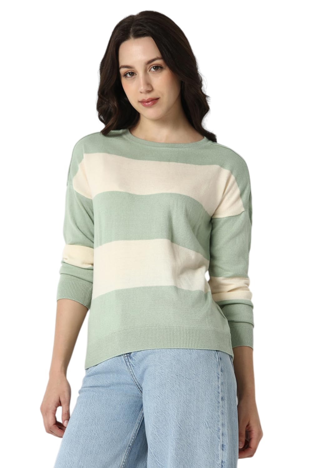 Van Heusen Women’s Round Neck Striped Regular Fit Sweater| Full Sleeve Ribbed Hem Casual winterwear Van Heusen Women’s Round Neck Striped Regular Fit Sweater| Full Sleeve Ribbed Hem Casual winterwear