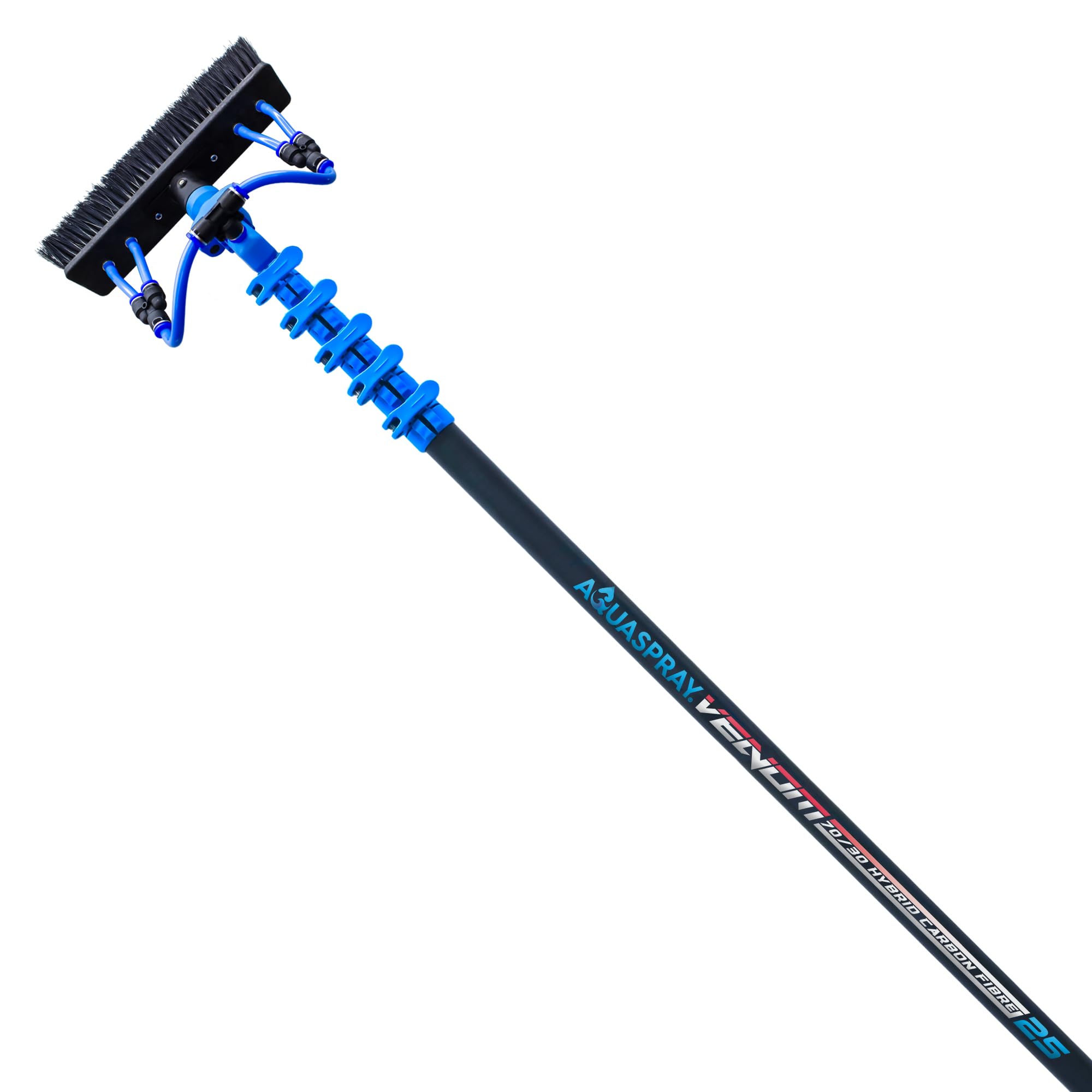 Equip2clean Aquaspray Venom Hybrid Waterfed Window Cleaning Pole | 70% Carbon / 30% Fiberglass | 25ft | Anti-Spin Clamp Technology | 5-Section Telescopic | Professional Window Cleaning Equipment