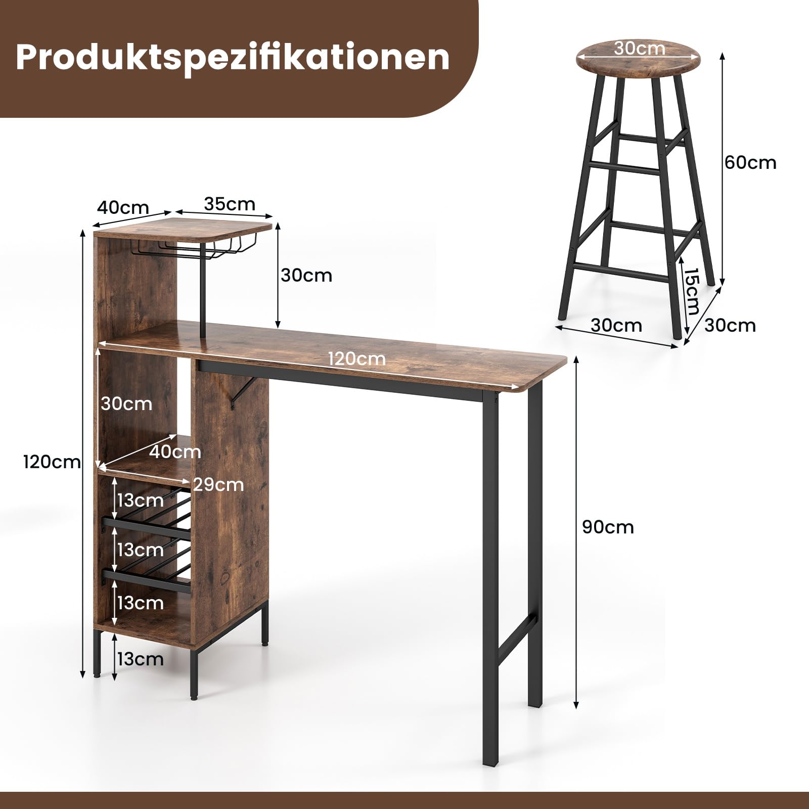 COSTWAY Bartisch mit Barhocker Set, 2 Personen Bartisch Set mit Halterungen für Weingläser und Flaschen, Küchentheke für Wohnzimmer, Esszimmer und Küche (Kaffee)