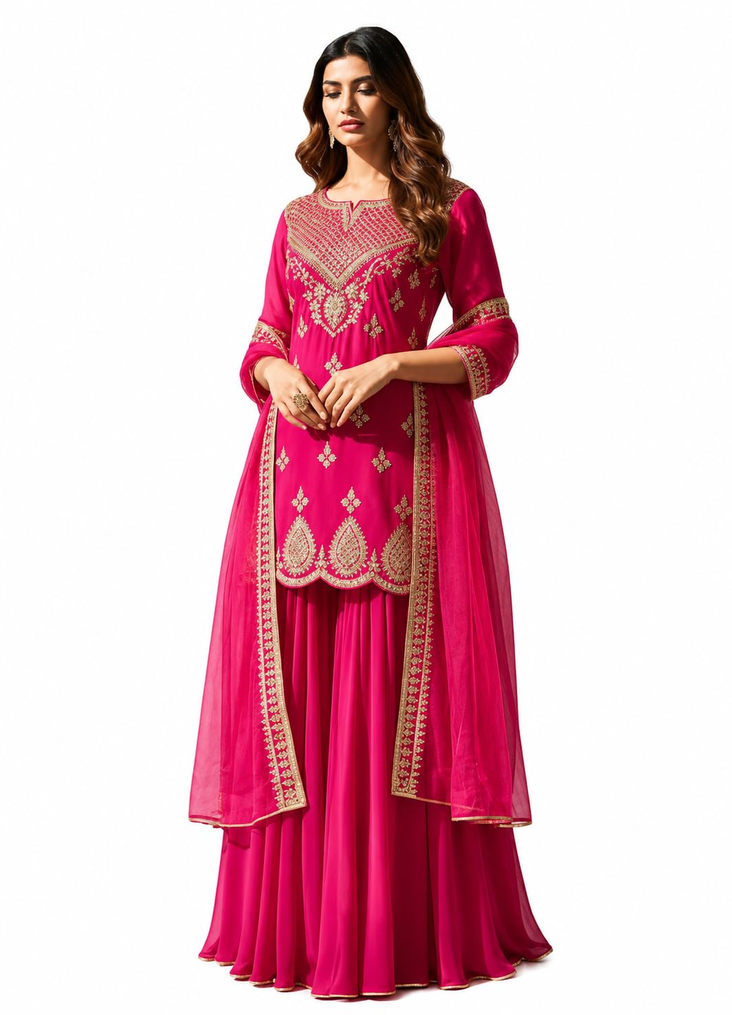 cotton bland Designer Women’s Georgette Embroidered Kurta with Sharara & Dupatta | Ethnic Suit Set for Party, Wedding & Special Occasions-picture-34