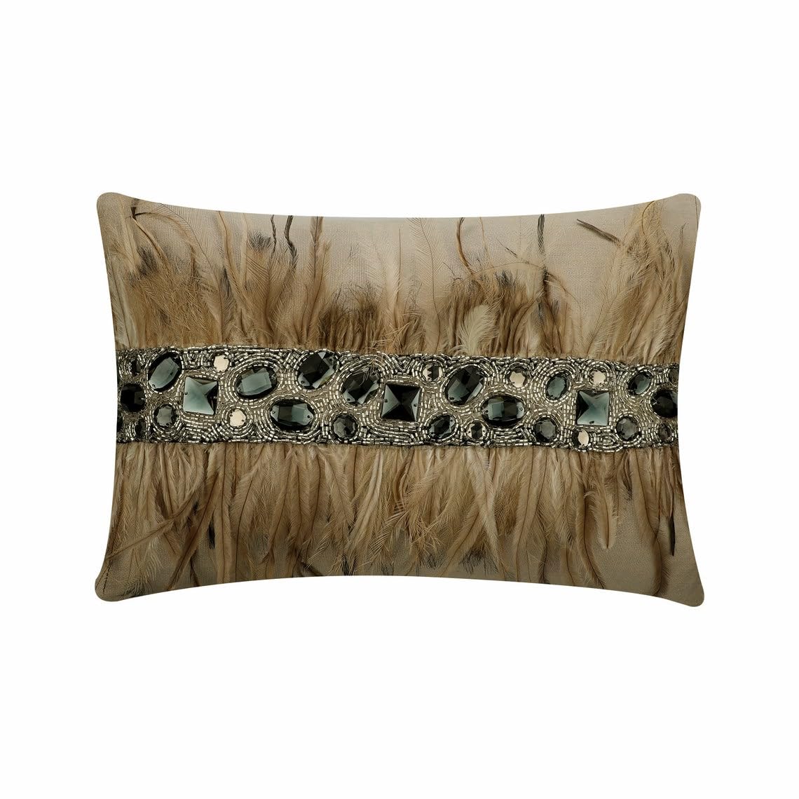 Hecho a mano Beige Amortiguar, Paquete de 2, 30x55 cm Lino Fundas de almohada lumbar, Funda de Cojín con Plumas, cristales y cuentas, Animal Fundas de almohada lumbar - Rhinestone Feathers