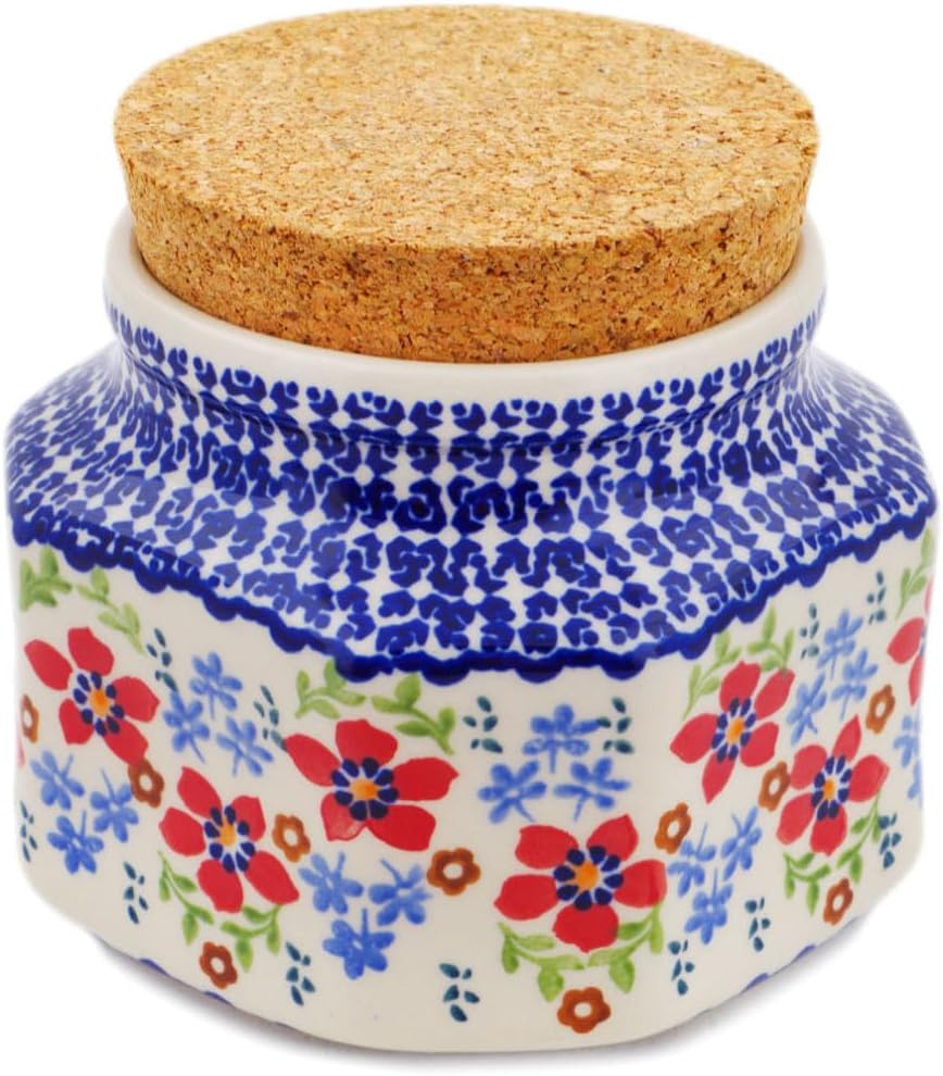 Polmedia Polish Pottery Jar with Lid - Red Flower Meadow Pattern Handmade in Boleslawiec Poland + Certificate of Authenticity