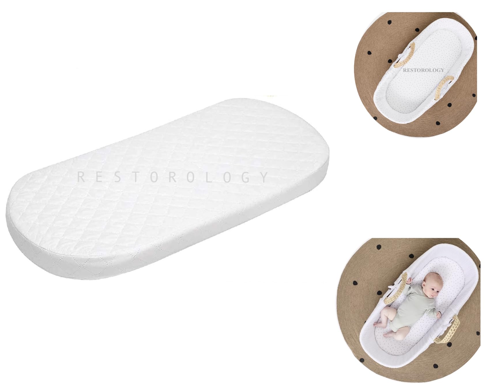 Baby Moses Basket Mattress, Extra Thick Super Soft Oval Shaped Double Sided Hypoallergenic Mattress Fits Mamas & Papas Mothercare With Removeable Quilted Cover (67 x 30 x 4 cm)