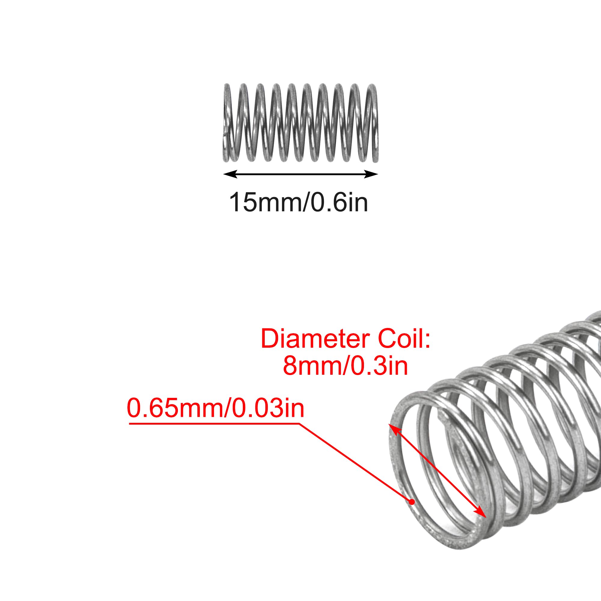 Sprężyny ściskające 15 mm sprężyna ze stali nierdzewnej 304 średnica drutu 0,65 mm średnica zewnętrzna 8 mm siła sprężyny 0,33 kg 10 sztuk