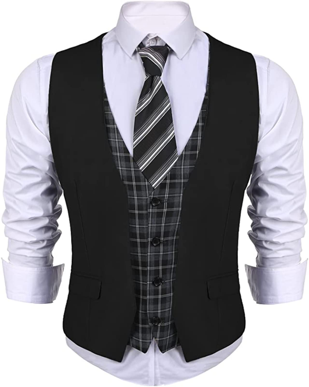 Gilet Abito Formale Uomo - Uomini A Strati Plaid V Neck Suit Vest Classic Single Breasted Sleeveless Waistcoat Wedding Party Plus Size Clothing, Nero, M