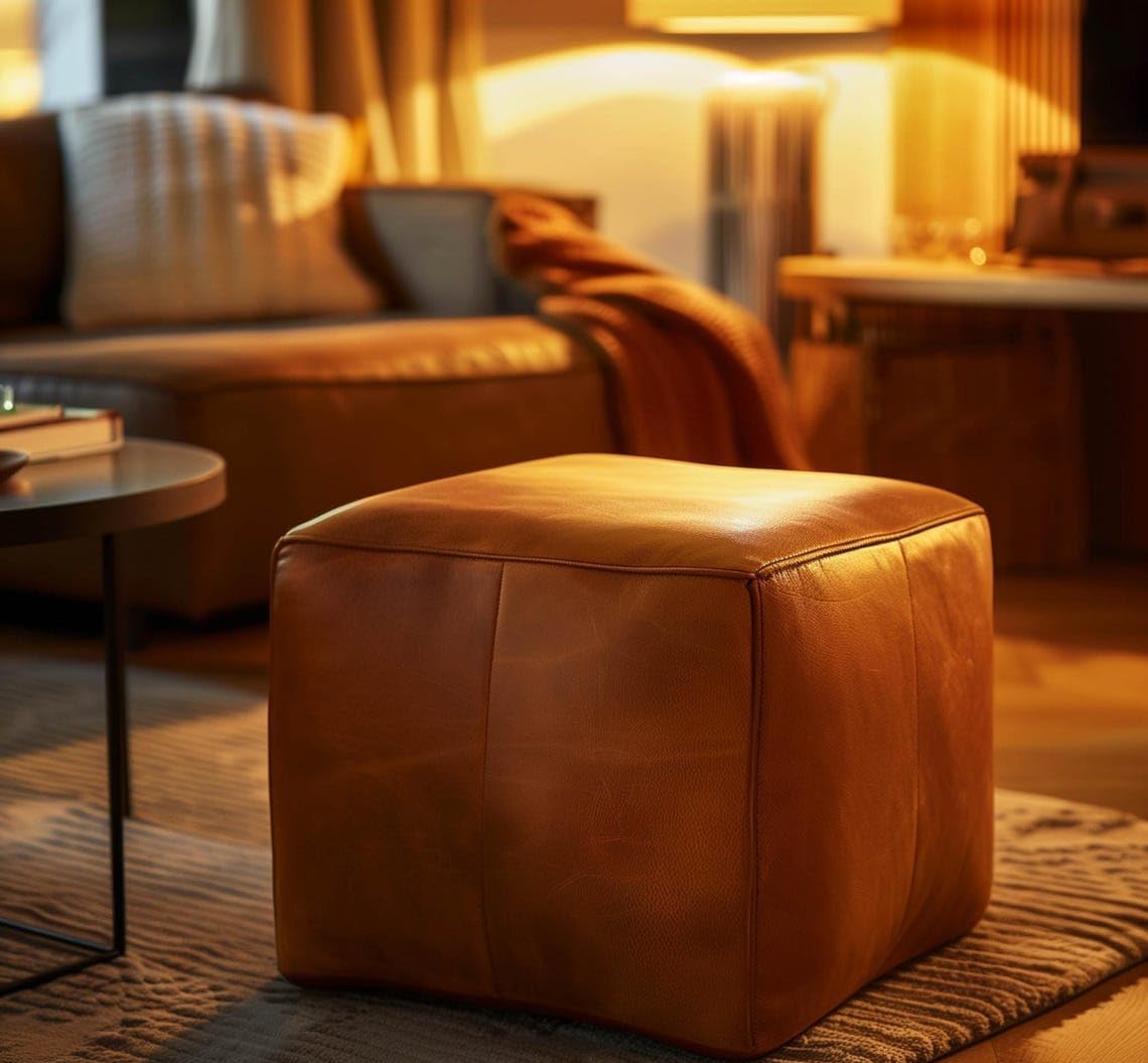 Woodilla Luxurious Square Leather Ottoman Footstool, Elegant Brown Pouf for Living Room & Lounge, Accent Stool for Modern Living Spaces-image-30