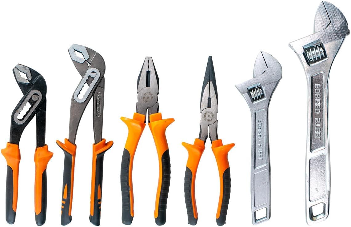 SOLUDE 6-Piece Large Pilers and Wrench Set,8" & 10" Groove Joint Pliers,8" & 12" Adjustable Wrench with 8 Inch Long Nose and Lineman's Pliers for Home Use and DIY Project