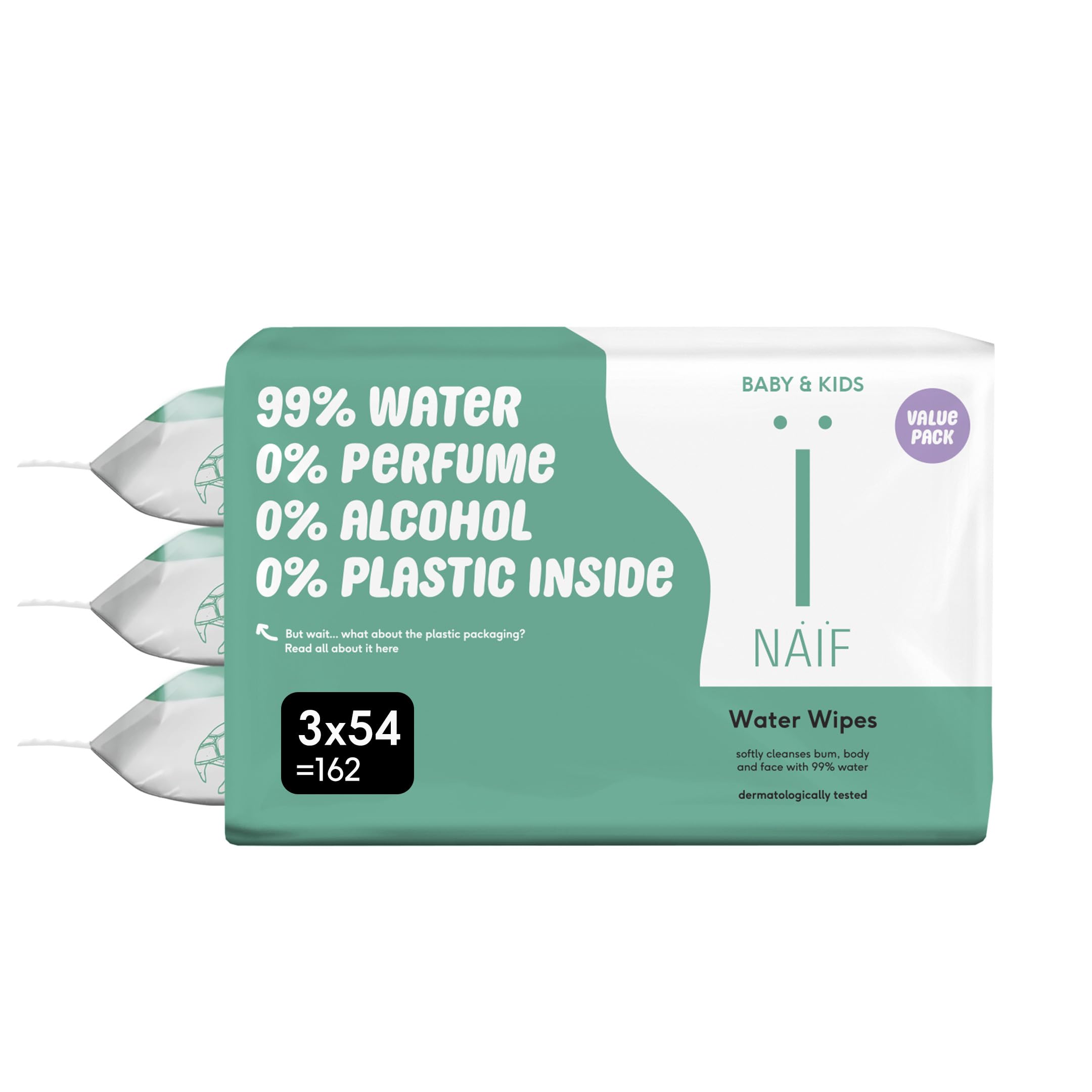 Naïf - Lingettes humides sans plastique - 162 lingettes (3 x 54 lingettes) - Soin des fesses, du corps et du visage de bébé - 99% d'eau - 0% de parfum et d'alcool