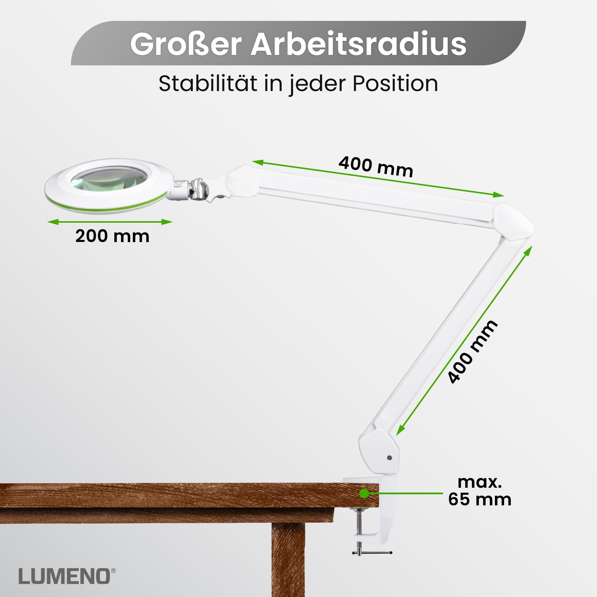 Lumeno Lambda M Lupenleuchte, dimmbar mit kristallklarer 127 mm Glaslinse, Ideal für Kosmetiksalons, Arztpraxen, Hobbybastler, Lesehilfe, Grün 3 Dioptrien