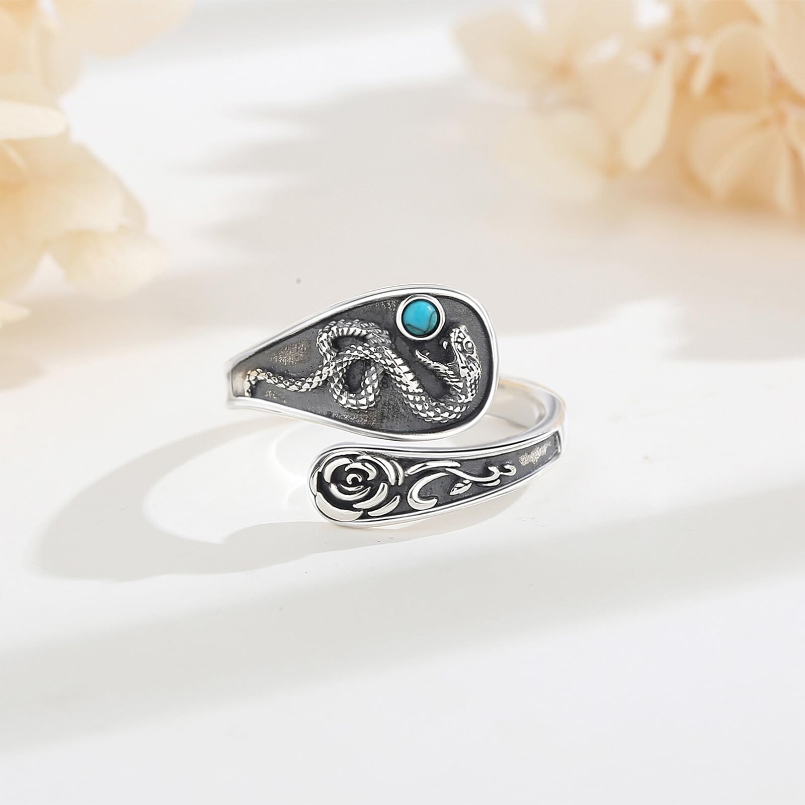 INFUSEU Schlangenring Damen 925 Sterling Silber Ring mit Türkis Stein Rosen Motiv Vintage Löffelring Schlange Schmuck Boho Ring Verstellbarer Silberring Geschenk Frauen